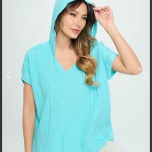 Pure Match Sky Blue Hooded 100% Linen Short Sleeve Blouse  Style PLT2120
